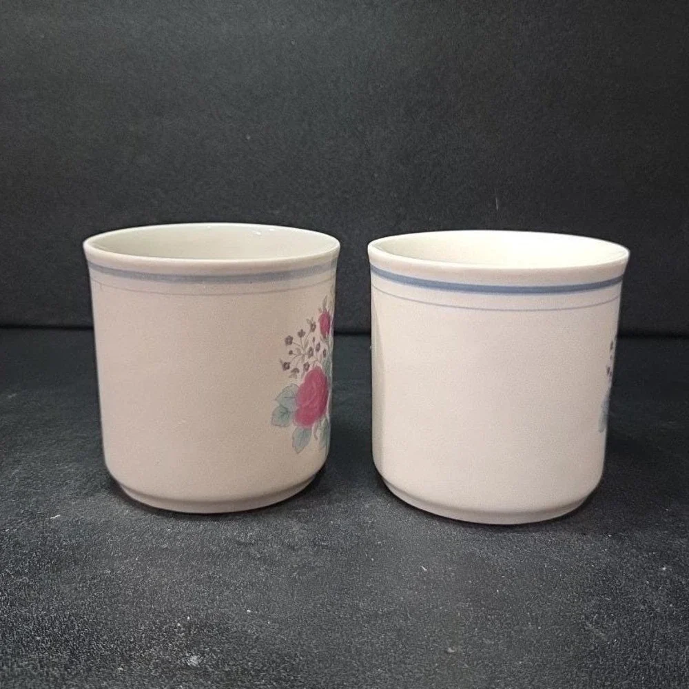 Gibson‎ Style Stoneware Coffee Cups, Purple Blue Rose Design Mugs, Set of 2, Vtg